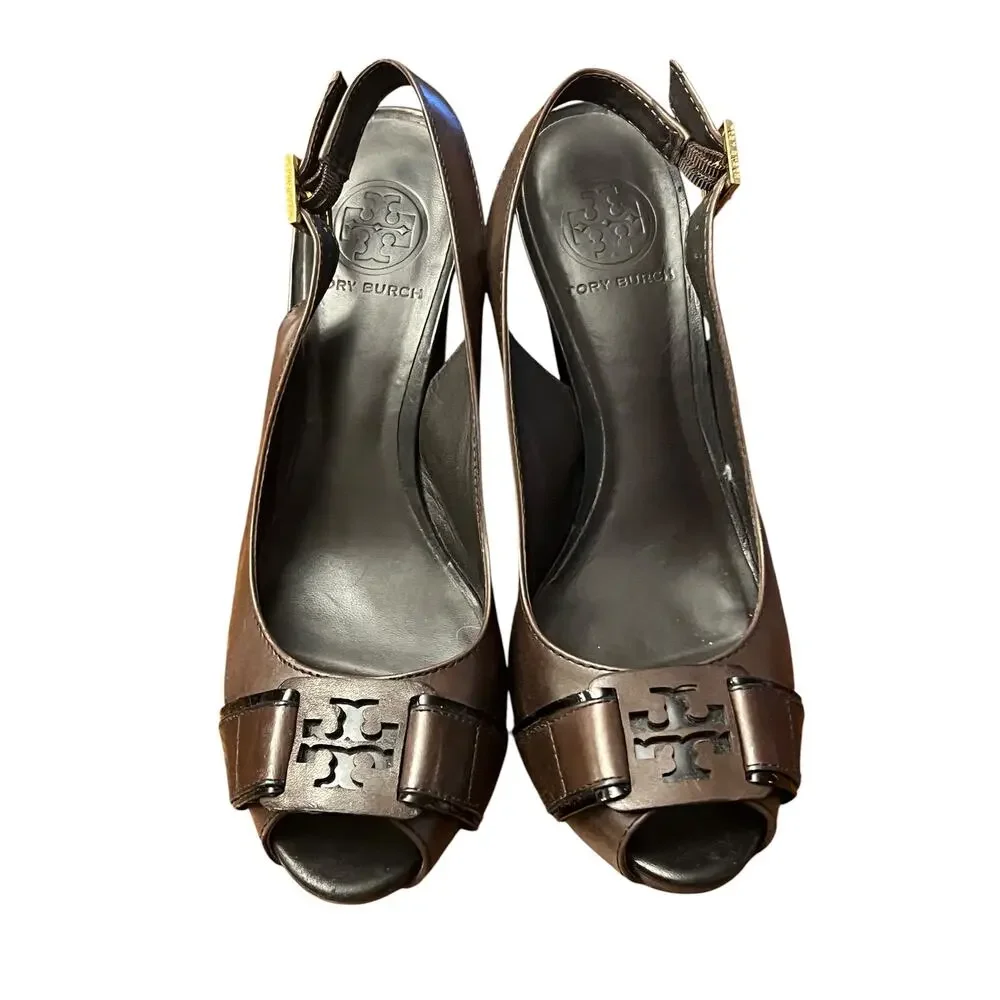 Tory Burch Tennyson Coconut 210 Vegan Leather Peep Toe Slingback Heels 7.5